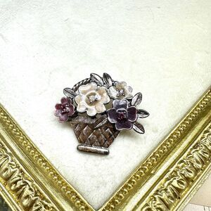 Vintage Jewelry Enamel Silver Tone Rhinestone Flower Basket Brooch Pin